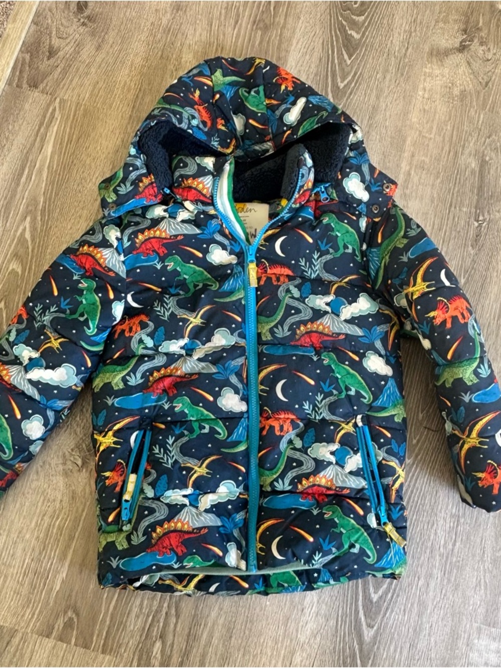 Boden Kids Navy Dinosaur Puffer Jacket with Multi-Color Print